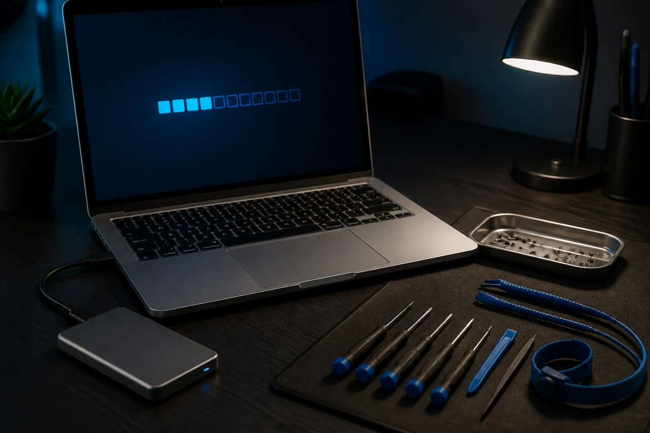 Notebook com SSD externo para backup em uma bancada simples e organizada