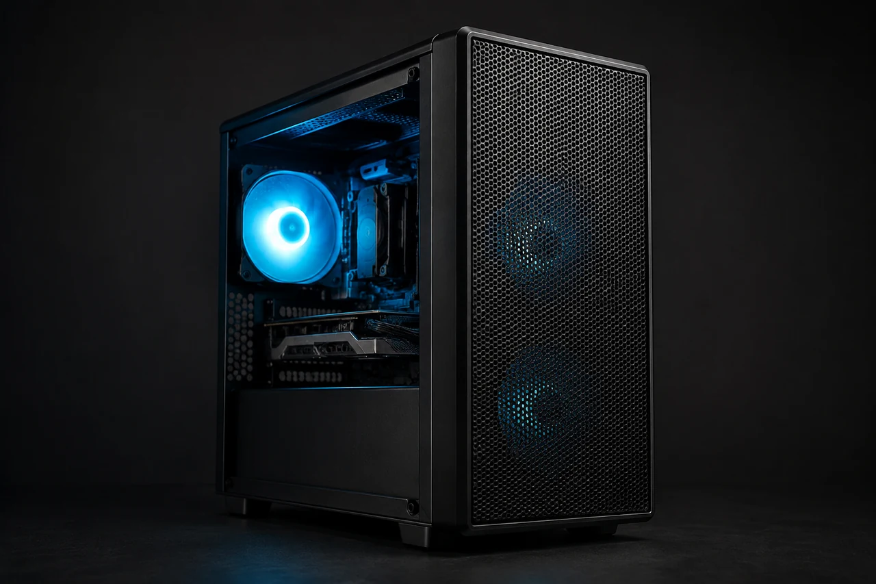 Computador de mesa compacto com montagem organizada, imagem ilustrativa
